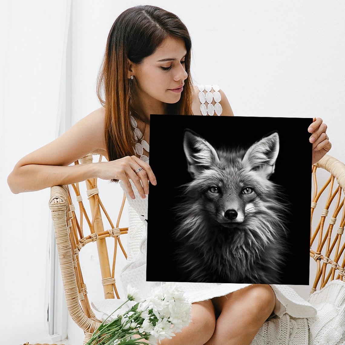 Black and White Fox Portrait on Dark Background Minimalist Poster - Image 3