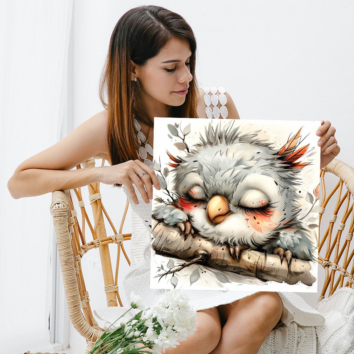 Sleepy Baby Owl On Branch Soft Watercolor Nursery Wall Poster - Image 3