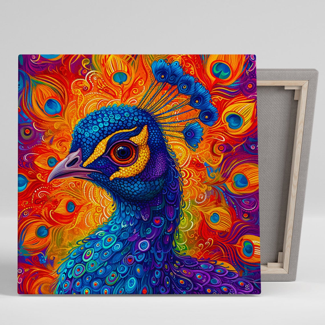 Psychedelic Peacock Portrait in Fiery Orange Red and Blue Poster