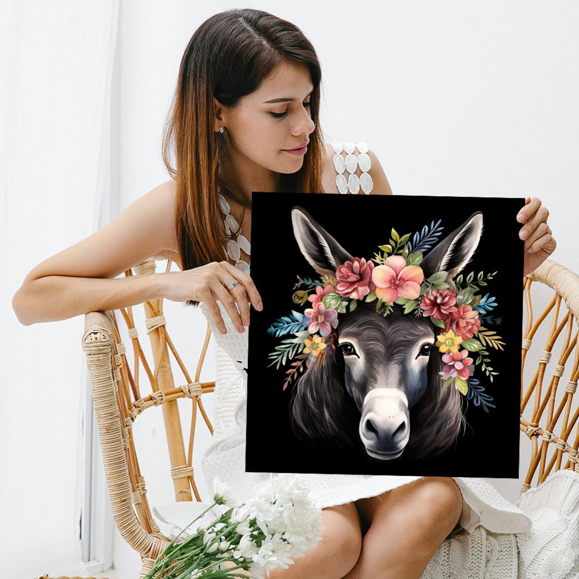 Donkey With Floral Crown On Black Bohemian Flower Animal Poster - Image 3