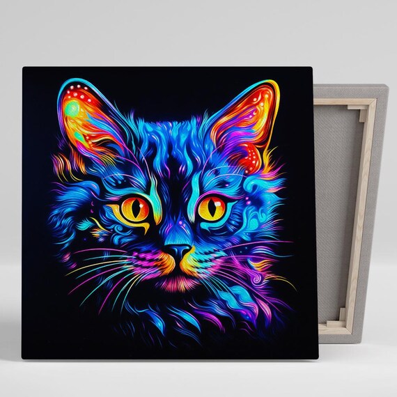 Neon Cosmic Cat Face Glowing Blue Pink Psychedelic Feline Wall Poster