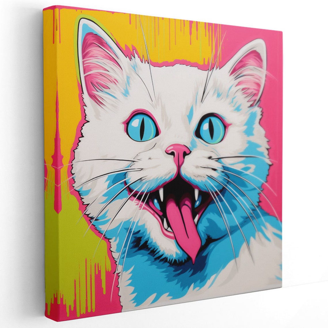 White Cat With Bright Blue Eyes Pop Art Neon Pink Yellow Animal Poster - Image 2