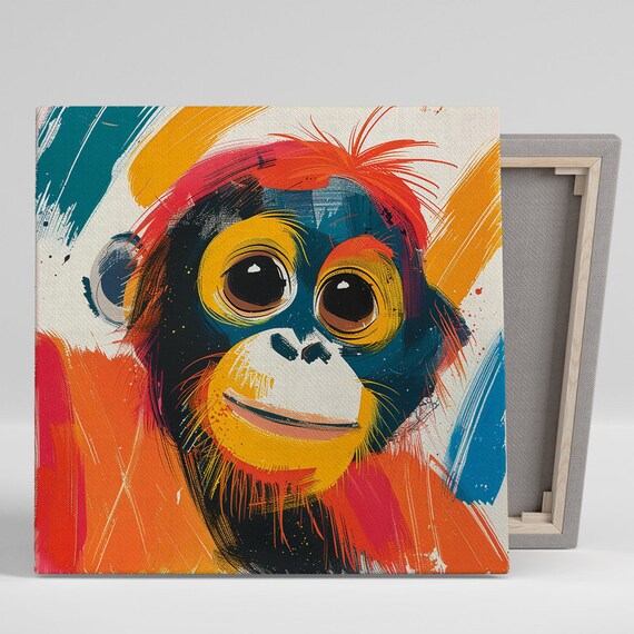 Chimpanzee Wall Art Or Poster Pop Art Modern Decor Living Room Office Nursery Whimsical Wall Art Bright Orange Blue Yellow Red
