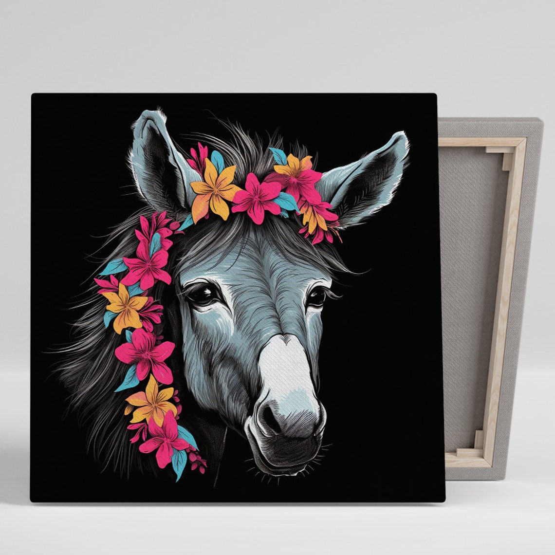 Floral Donkey Elegant Flower Crown Vibrant Black Background Poster