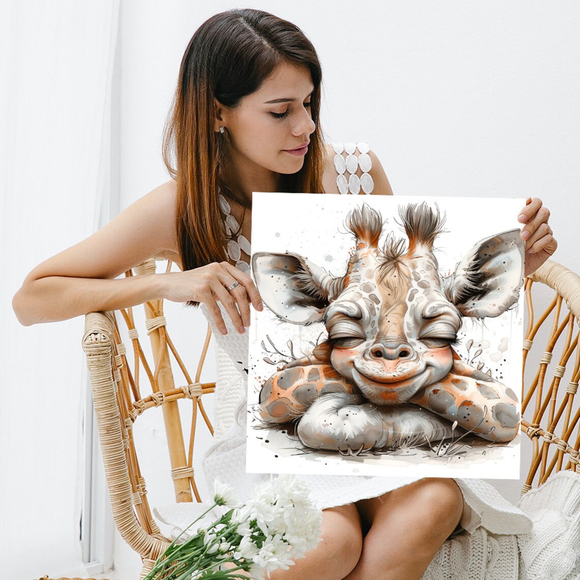 Sleepy Smiling Baby Giraffe Watercolor Cute Nursery Animal Poster - Image 3