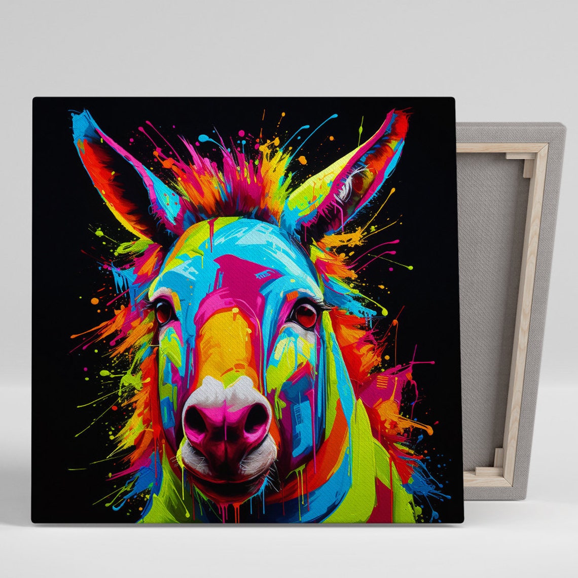 Neon Rainbow Donkey Paint Splatter on Black Bold Pop Art Poster