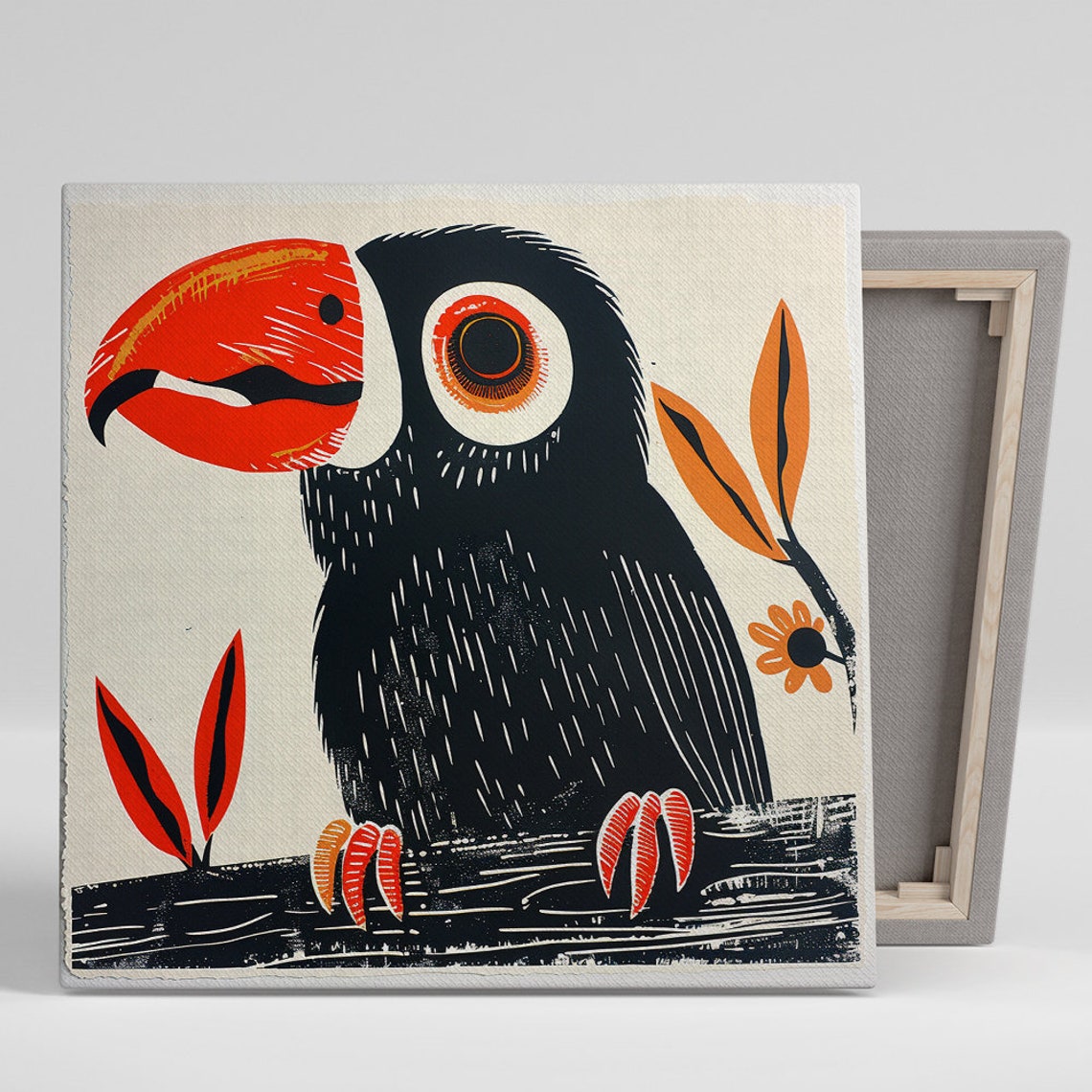 Retro Toucan With Red Beak Woodcut Style Black Orange Bird Poster