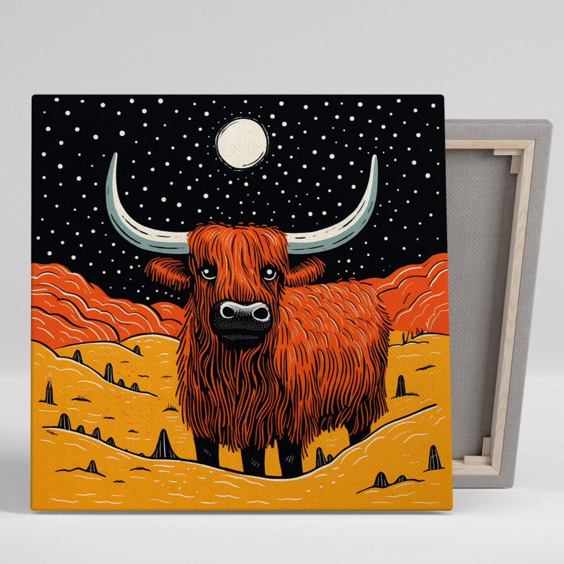 Highland Cow Under Starry Moonlit Night Folk Art Style Poster