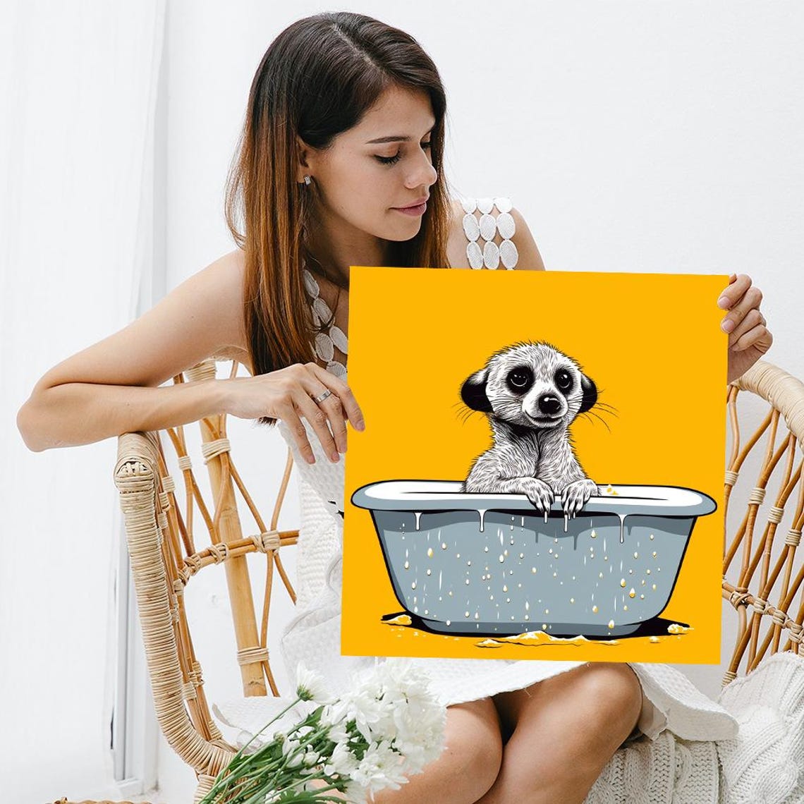 Baby Meerkat Bathtub Soak Yellow Background Cute Funny Animal Poster - Image 3