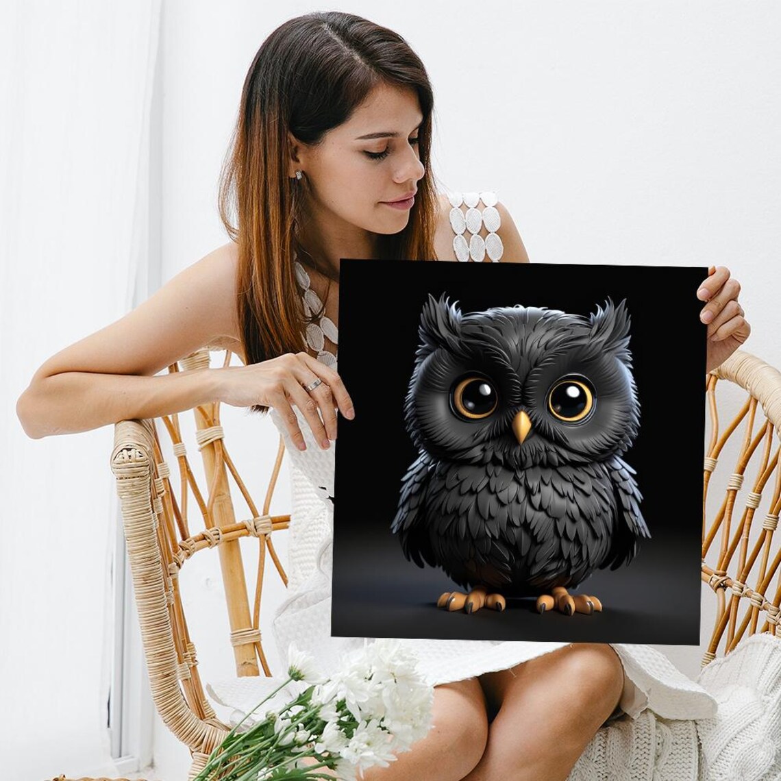 Cute Black Baby Owl Big Amber Eyes Night Minimalist Bird Wall Poster - Image 3