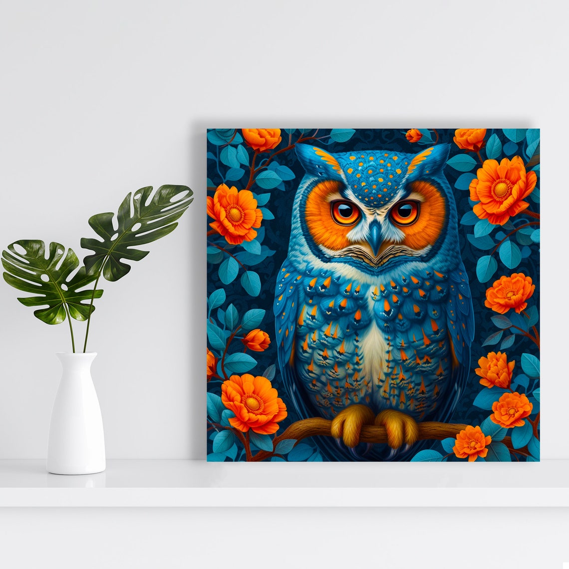 Blue Owl Orange Flowers Botanical Fantasy Vibrant Animal Poster - Image 2