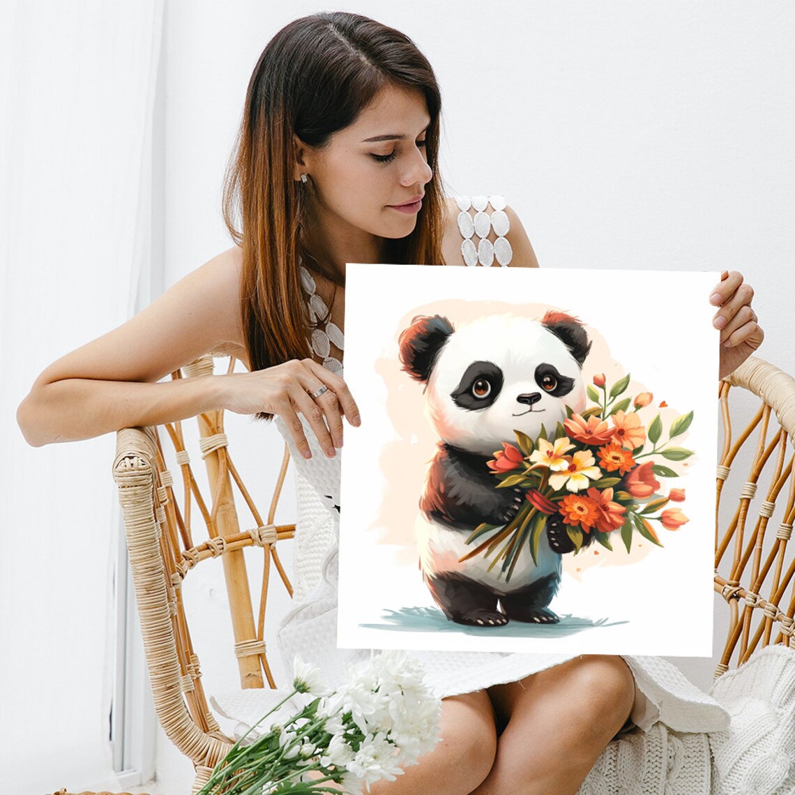 Panda Blooming Embrace, Whimsical Minimalist Art Print - Image 3