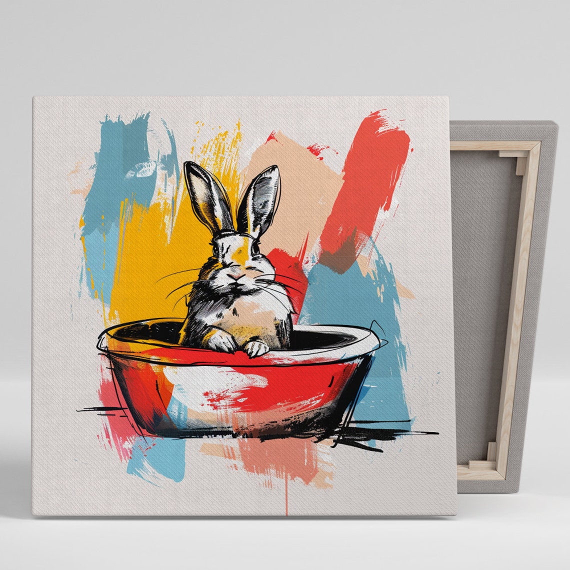 Bunny Bath Time Poster Red Basin Pop Art Whimsical Rabbit Decor