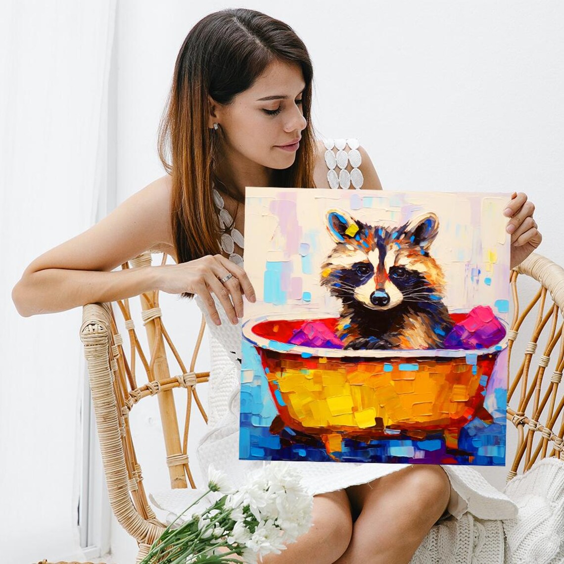Raccoon In Colorful Bathtub Splash Whimsical Bathroom Animal Art Poster - Image 3