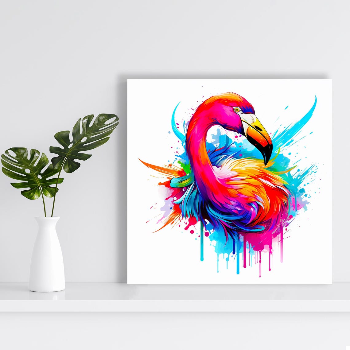Vibrant Flamingo Watercolor Splash Art Poster Colorful Bird Wall Decor - Image 2