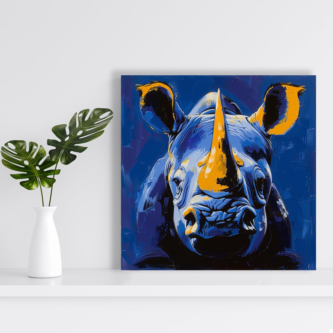 Electric Blue Rhino Portrait Orange Horn Impasto Art Wall Poster - Image 2