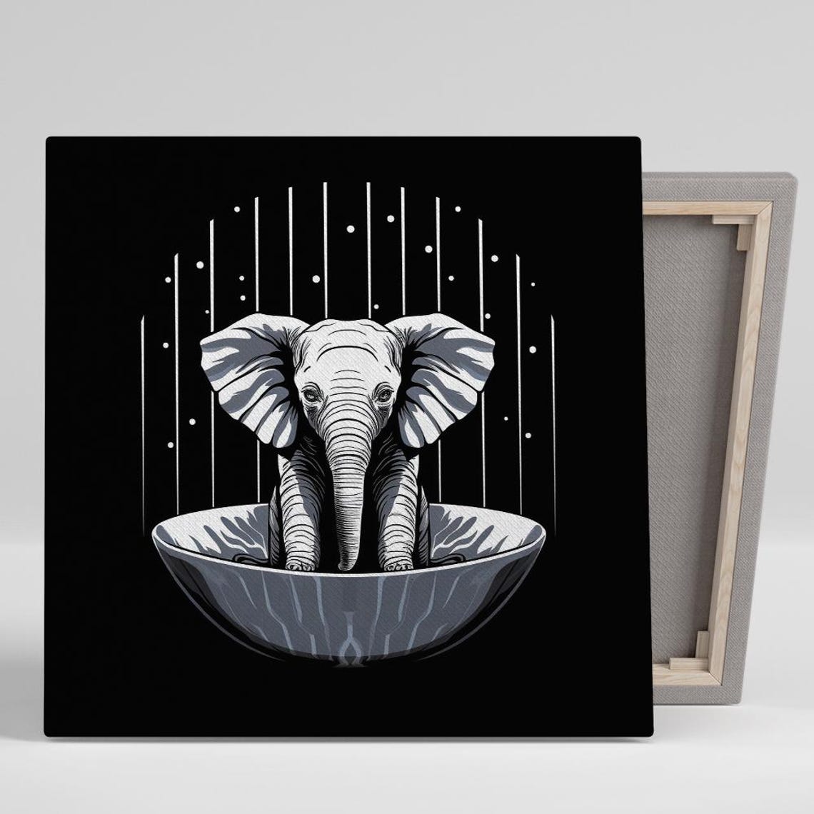 Baby Elephant Sitting In A Bowl Minimal Black And White Art Poster