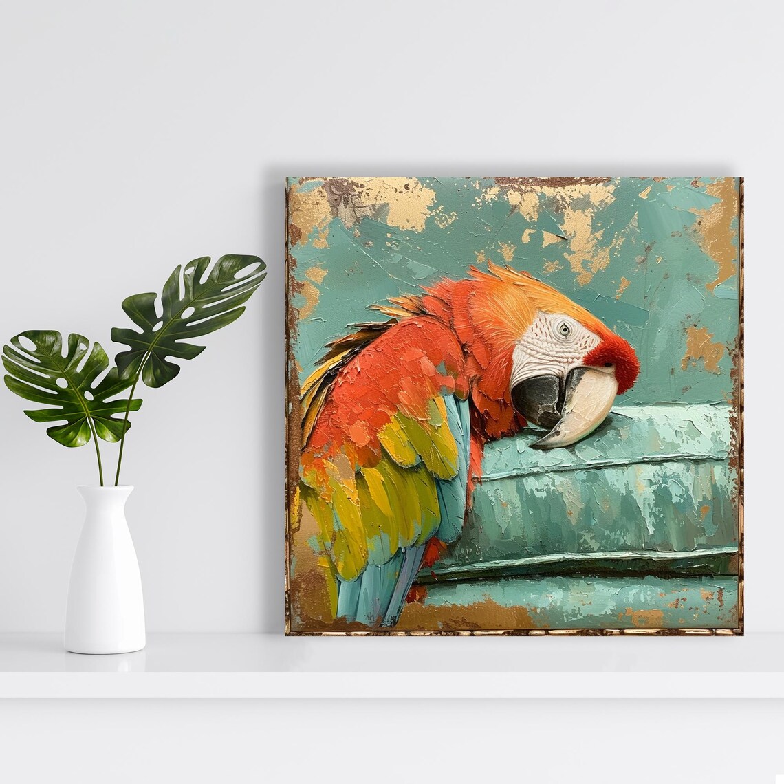 Resting Macaw Parrot Impasto Oil Style On Teal Gold Background Poster - Image 2