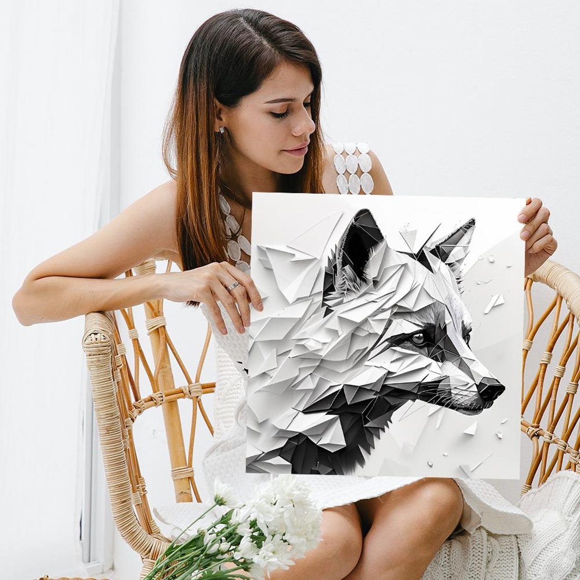 Wolf Head Geometric Low Poly Origami Black White Minimalist Art Poster - Image 3