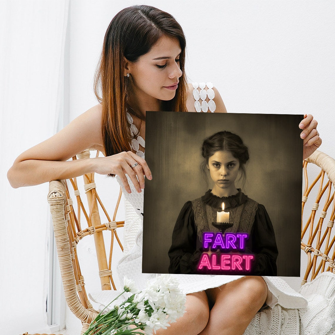 Fart Alert Neon Text Vintage Girl Candle Funny Bathroom Wall Poster - Image 5