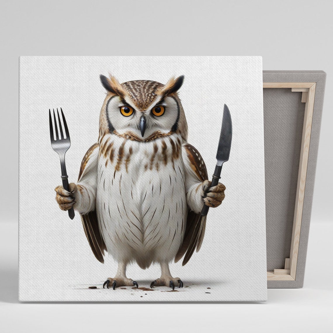 Owl Holding Fork And Knife Ready To Eat Funny Kitchen Wall Art
