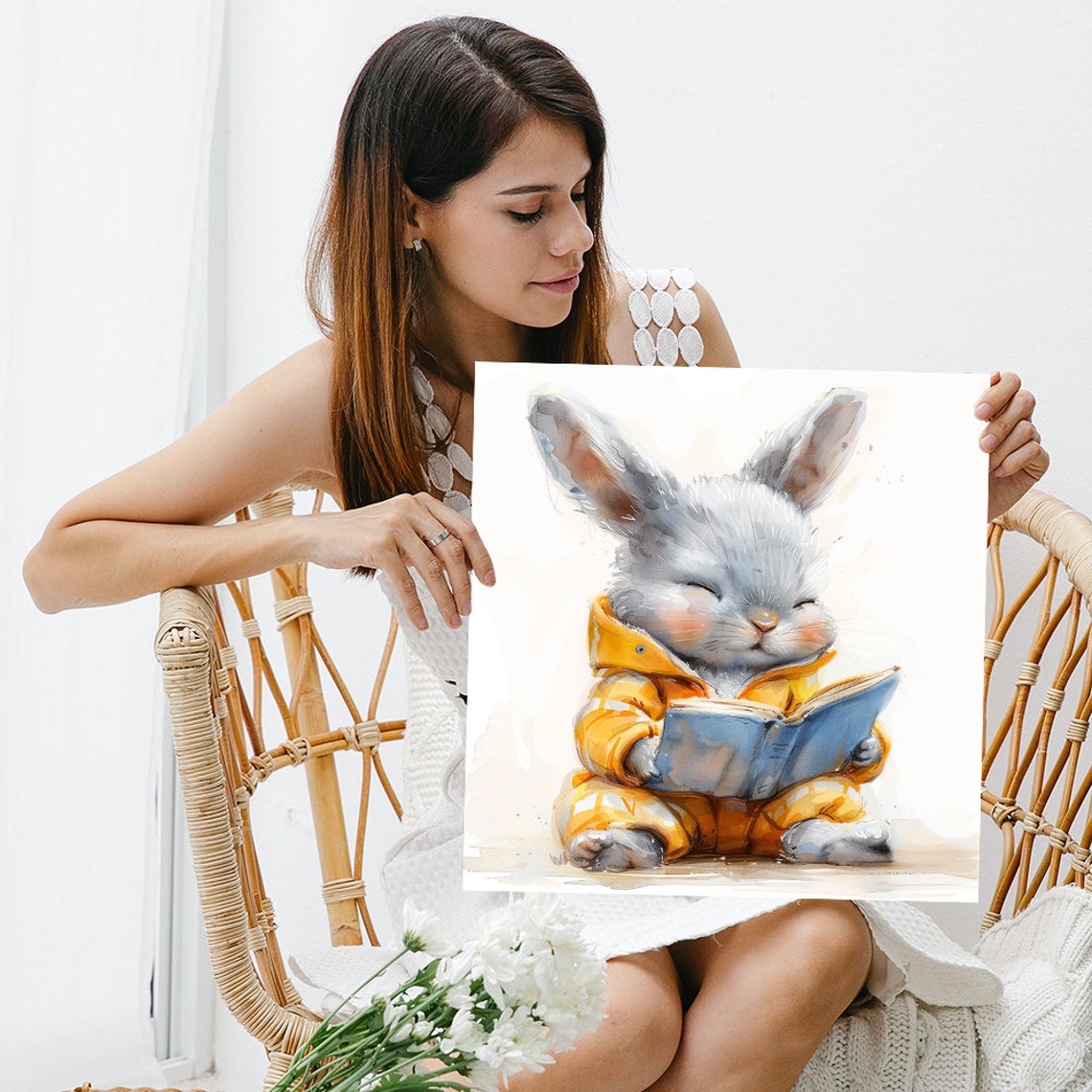 Cute Bunny Reading Book Yellow Raincoat Soft Watercolor Nursery Poster - Image 3