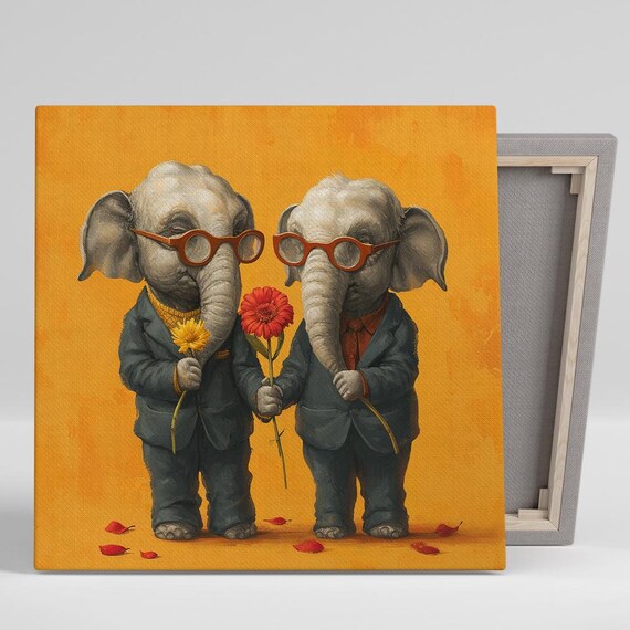 Two Dapper Elephants In Suits Red Glasses Holding Flowers Couple Wall Art