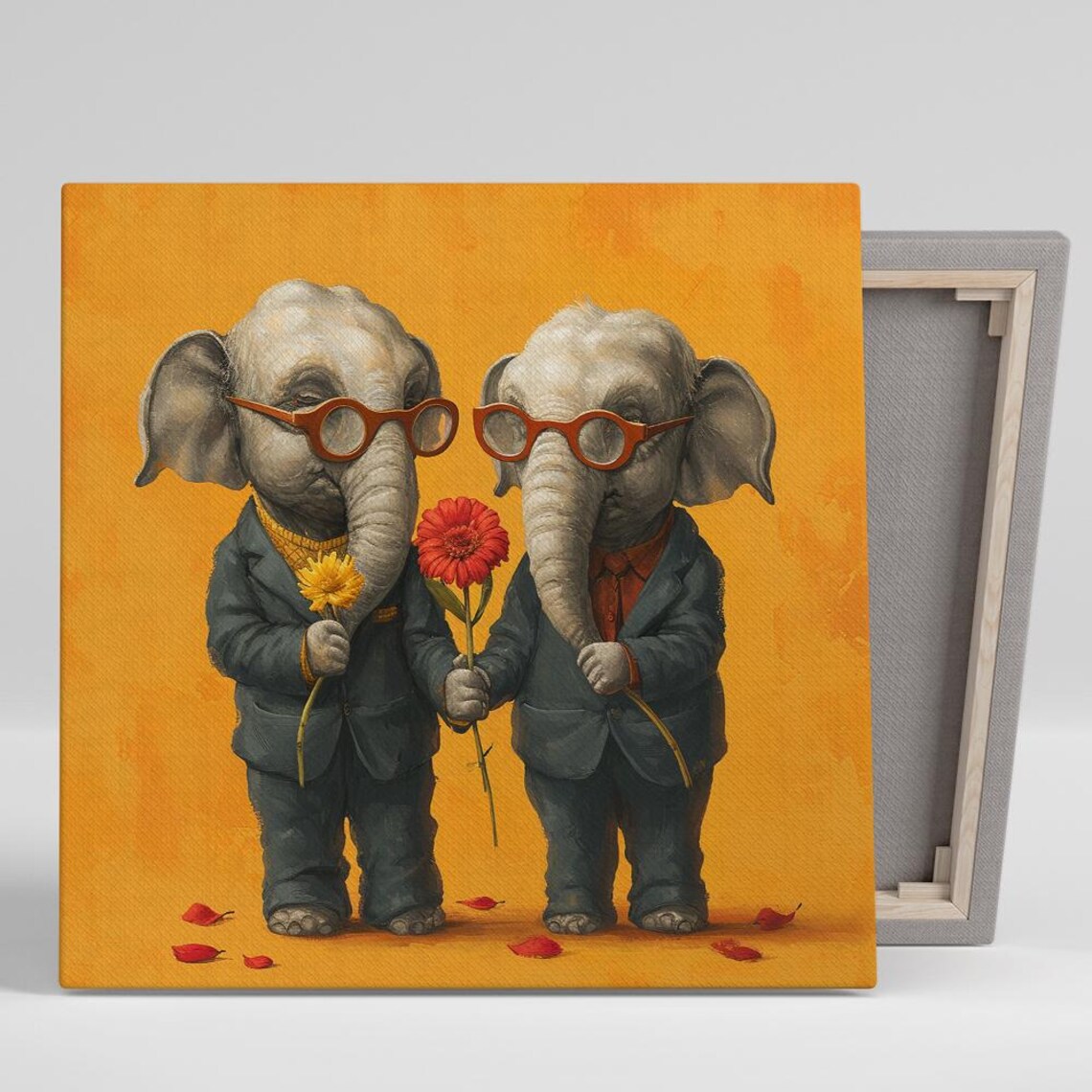 Two Dapper Elephants In Suits Red Glasses Holding Flowers Couple Wall Art