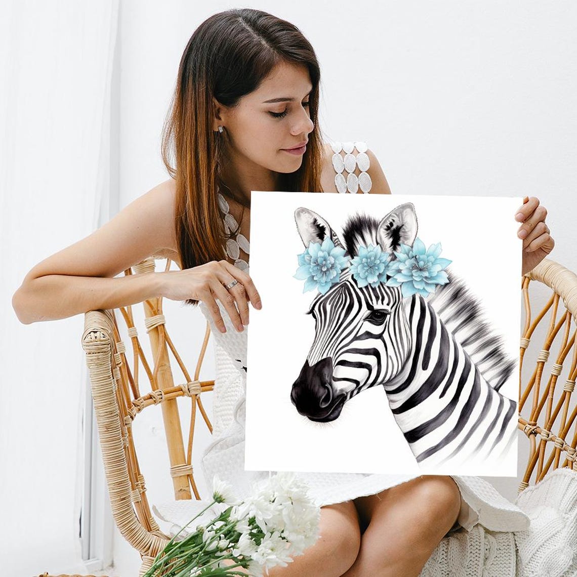 Zebra Wearing Blue Floral Crown Soft Watercolor Animal Portrait Poster - Image 3