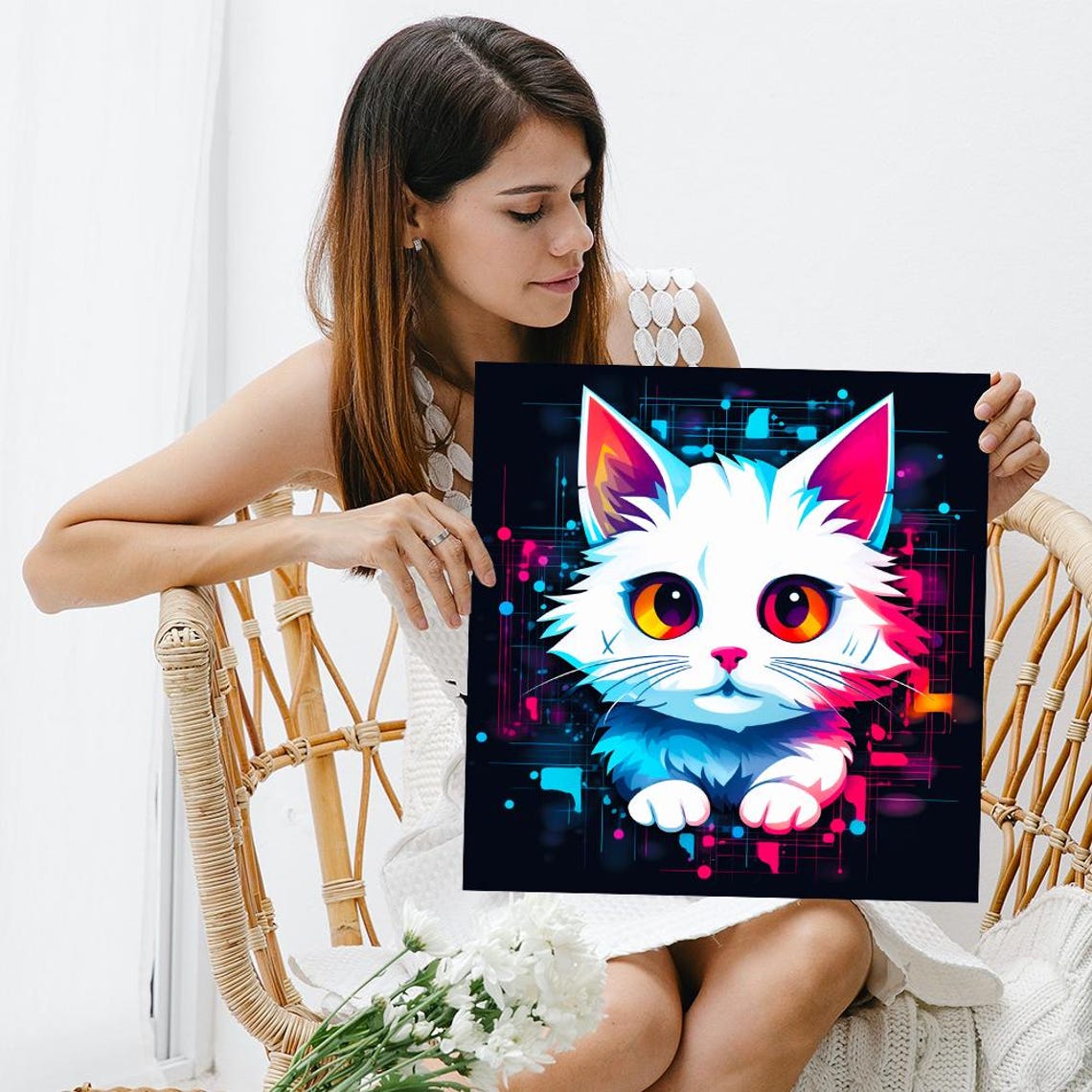 Cyber Kitty Neon Pop Cute White Kitten Big Eyes Digital Wall Poster - Image 3