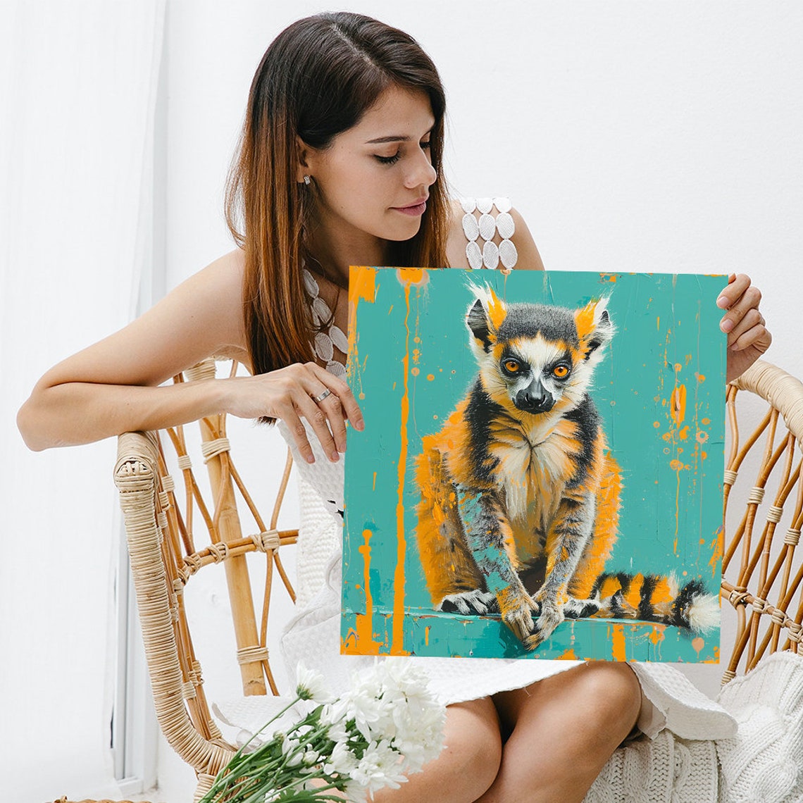 Lemur Splash Orange Teal Paint Abstract Modern Wildlife Art Poster - Image 3