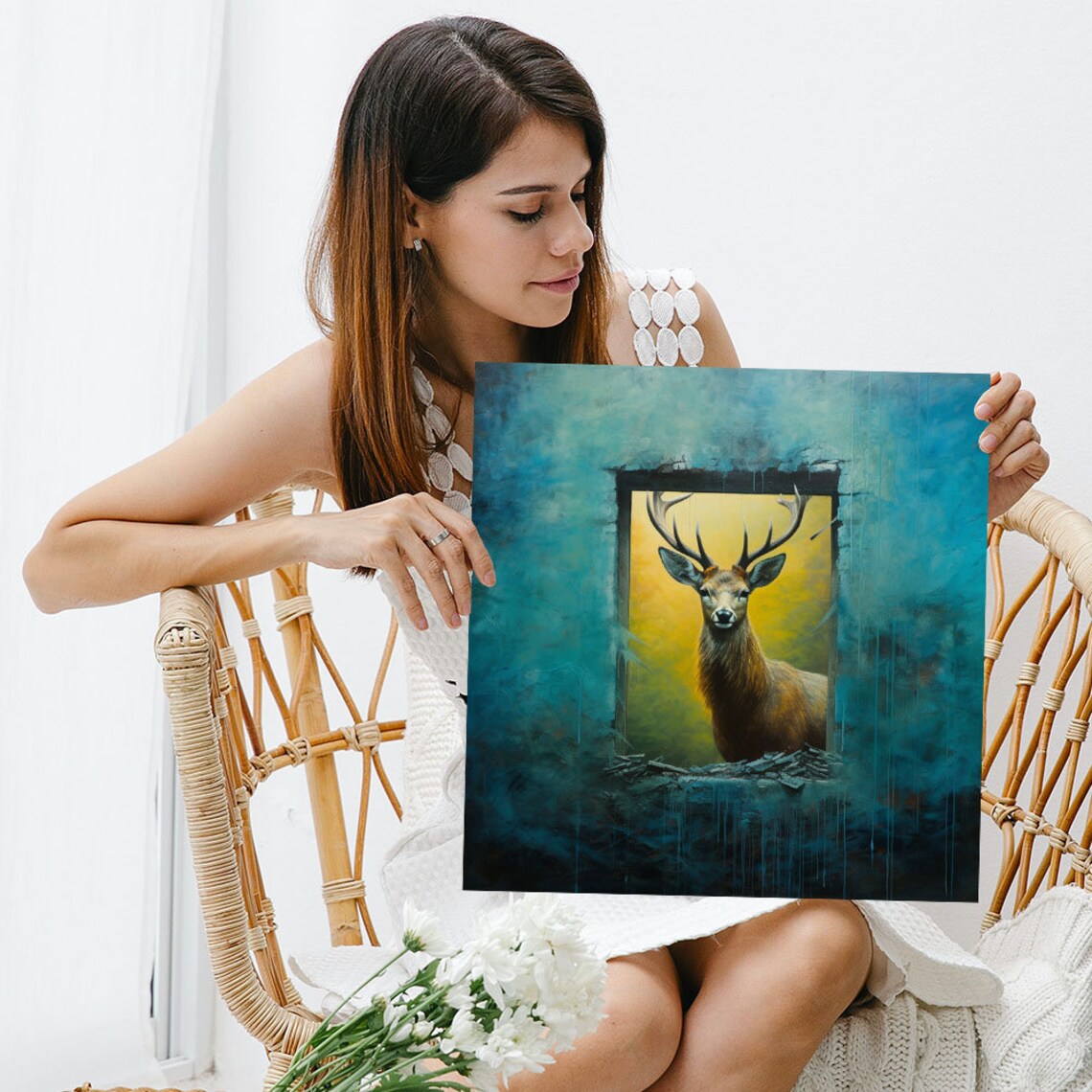 Majestic Stag With Antlers In Golden Doorway Teal Wildlife Poster - Image 3
