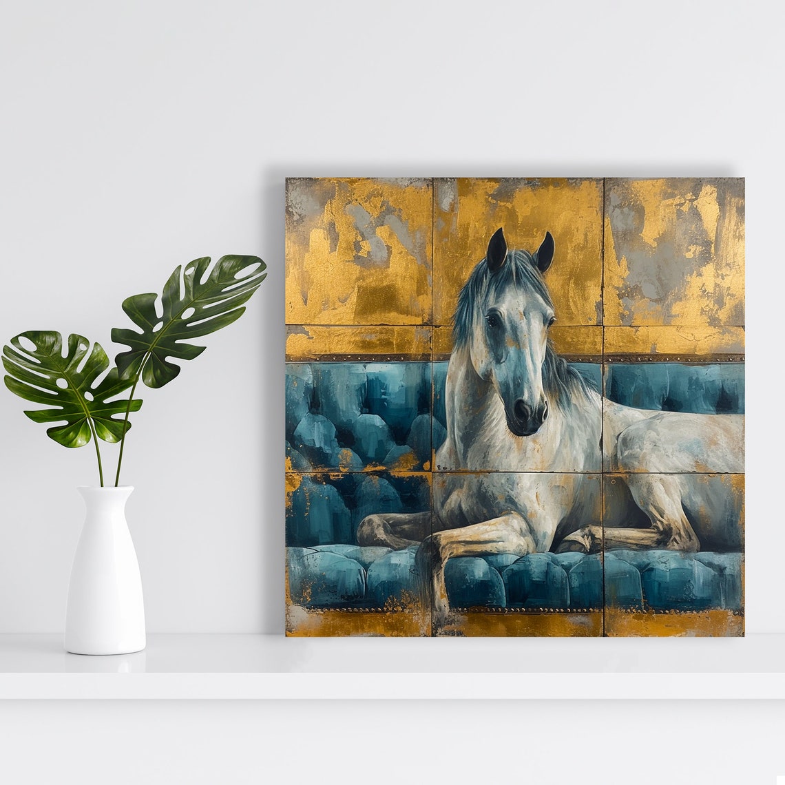White Horse Resting on Blue Sofa Gold Leaf Rustic Elegant Wall Poster - Image 2
