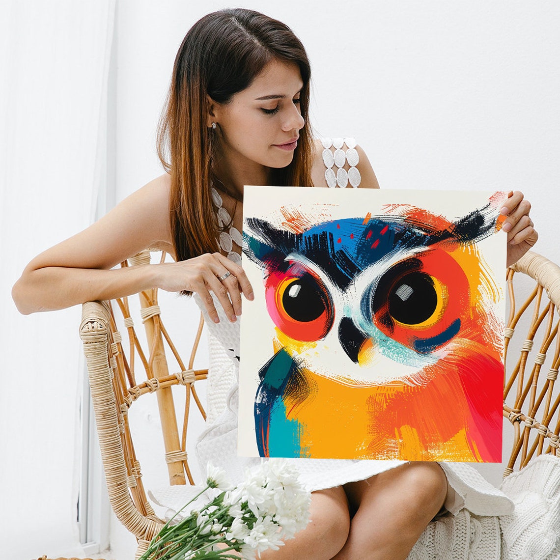 Colorful Owl Close Up Abstract Red Blue Yellow Modern Art Poster - Image 3