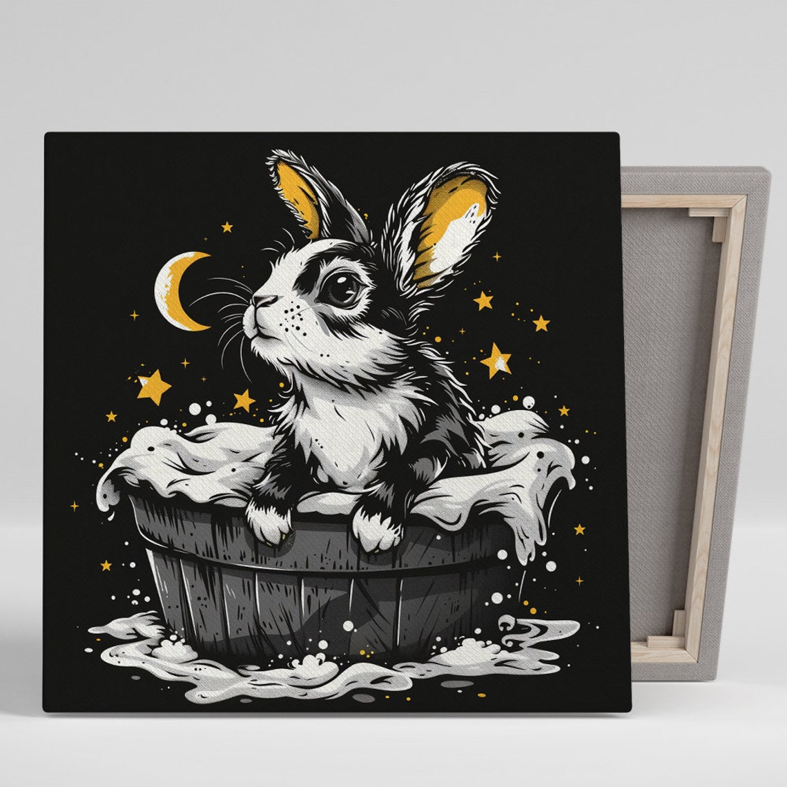 Bunny Bath Time Under Starry Night Moon Tub Animal Wall Art Poster