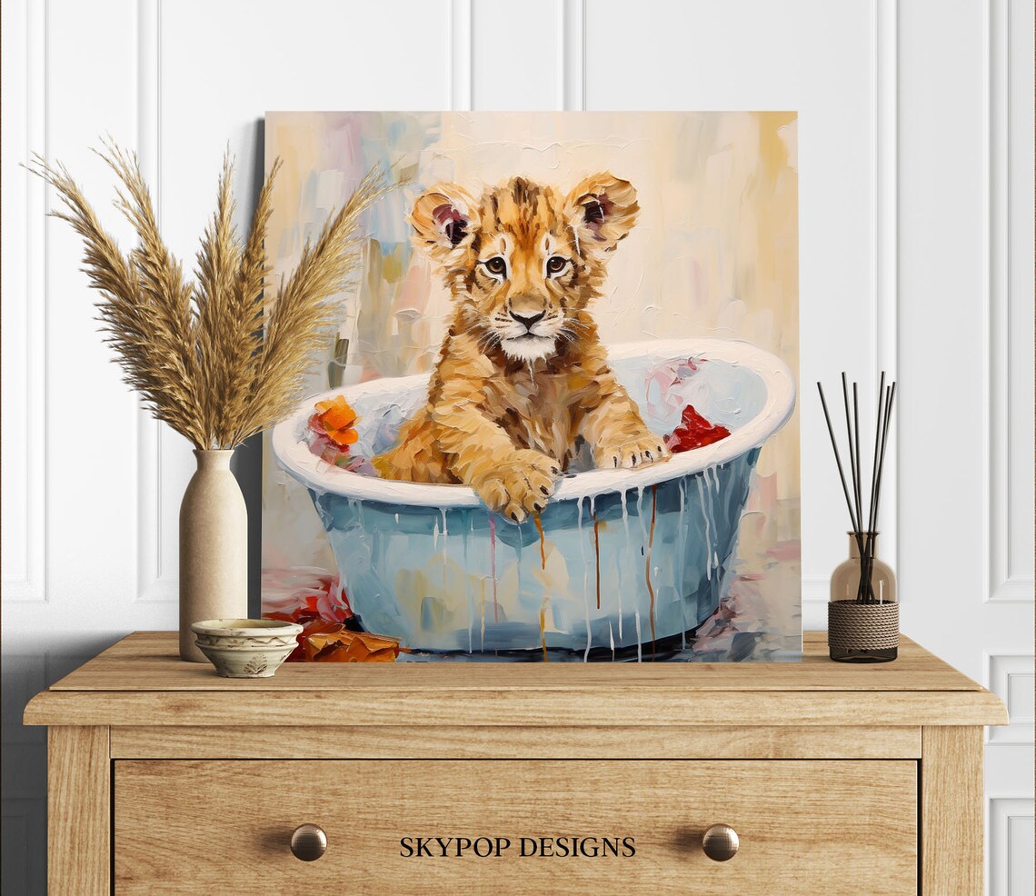 Cute Lion Cub In Blue Bathtub Painterly Baby Animal Nursery Poster - Image 2