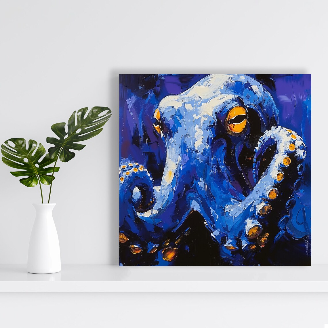 Octopus Art Or Poster Contemporary Abstract Coastal Decor Living Room Bedroom Office Home Theater Art Blue Orange White Black - Image 2