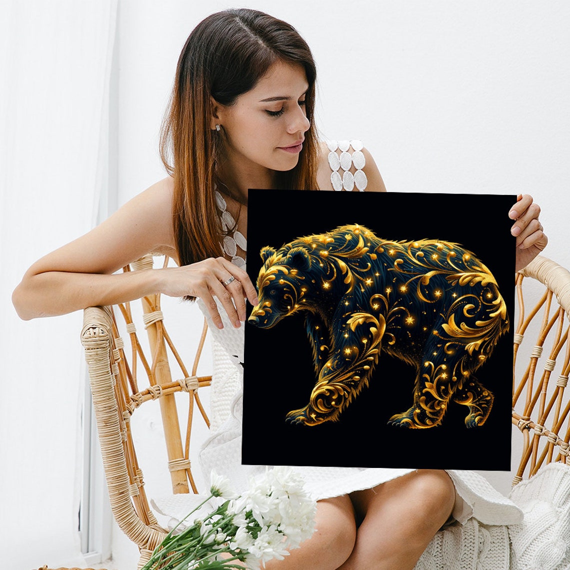 Celestial Gold Bear Poster Black Starry Night Mystic Animal Decor - Image 3