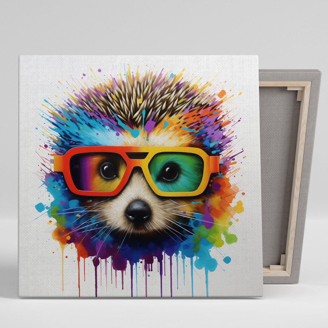 Hedgehog in Cool Sunglasses Rainbow Paint Splatter Fun Animal Poster