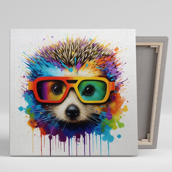 Hedgehog in Cool Sunglasses Rainbow Paint Splatter Fun Animal Poster