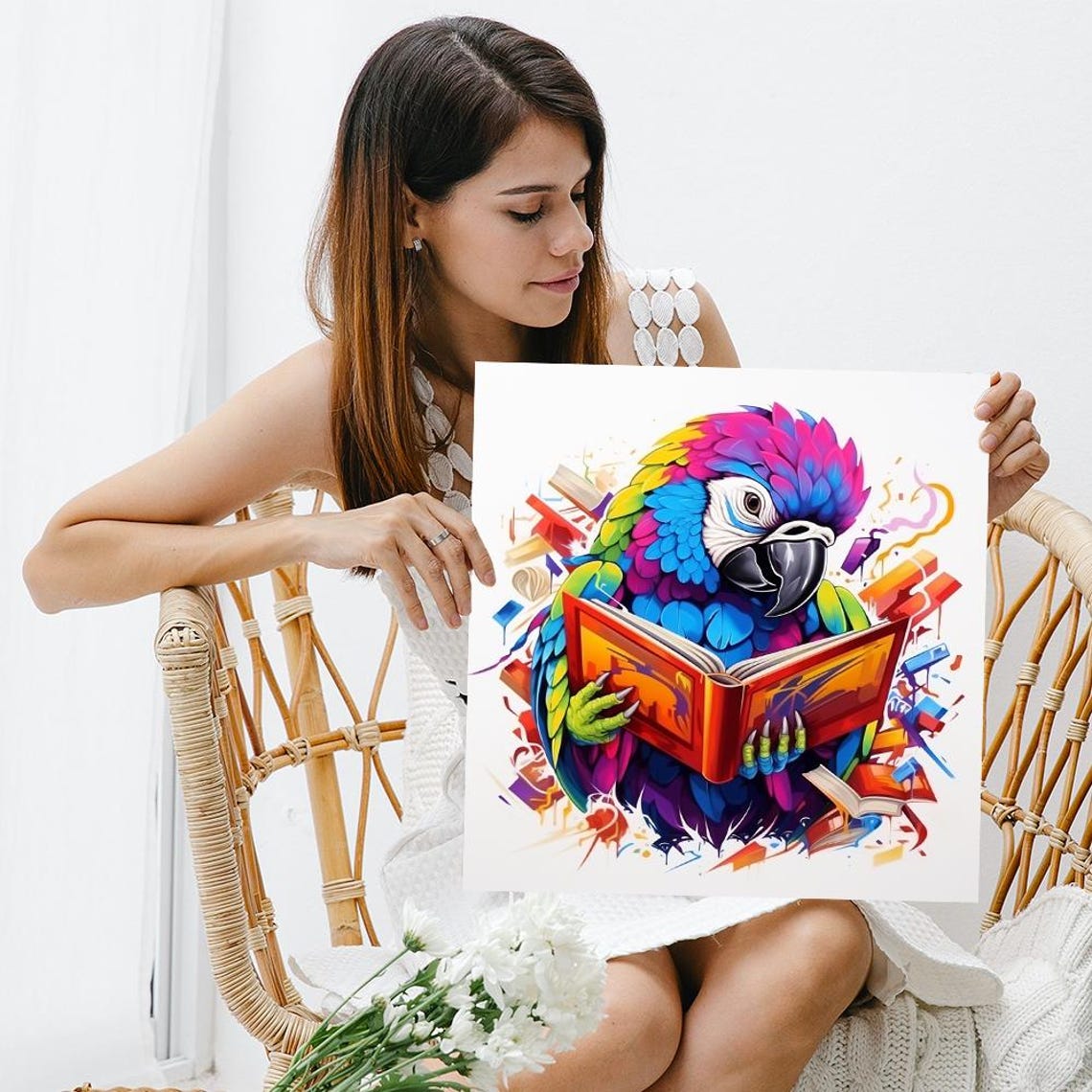 Colorful Parrot Reading Book Bibliophile Library Animal Art Poster - Image 3