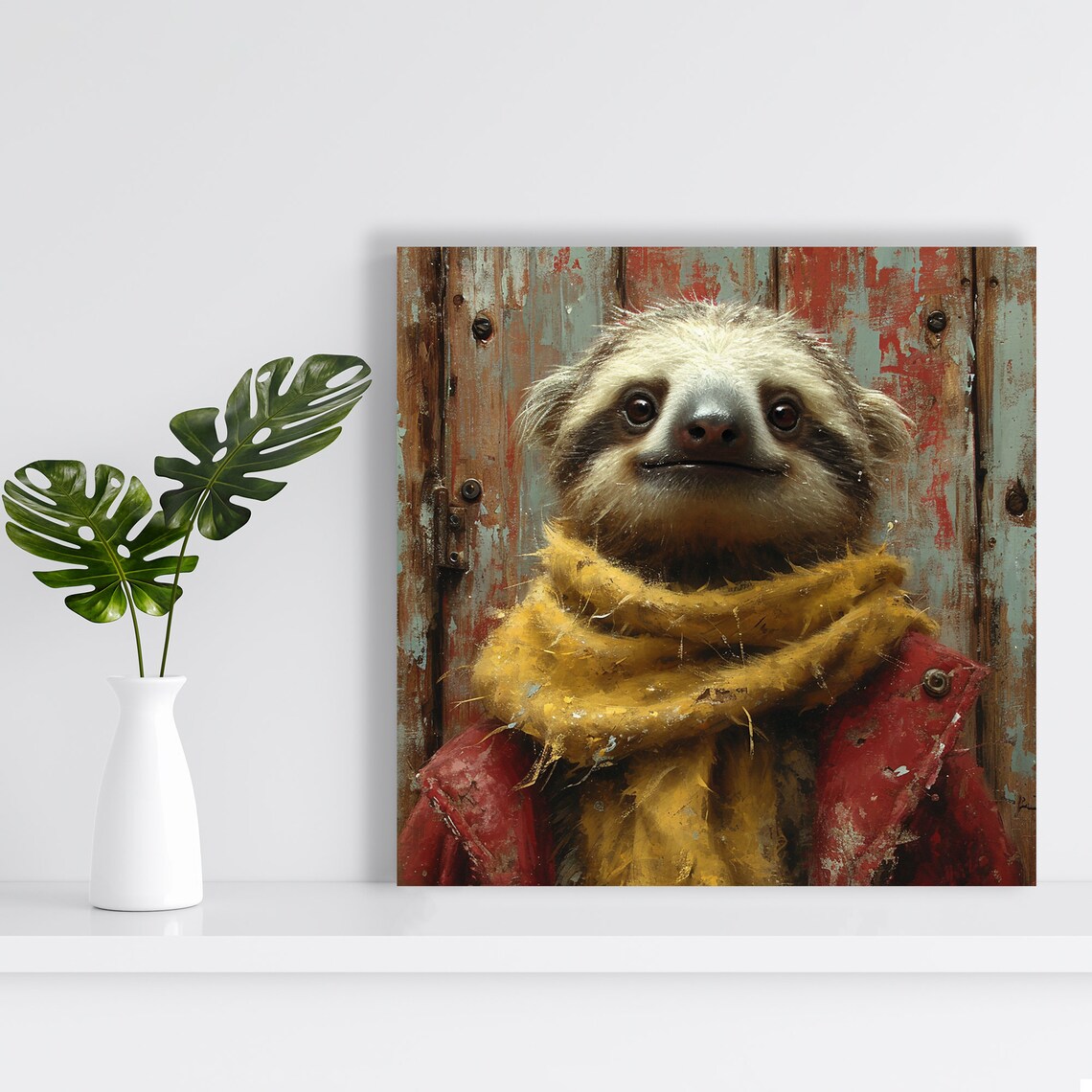 Cozy Sloth Wearing Yellow Scarf Red Jacket Rustic Painted Door Scene Poster - Image 2