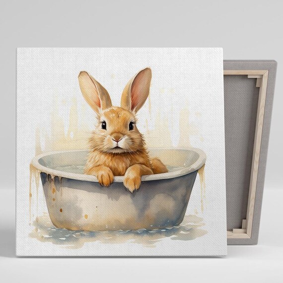 Bunny In Bathtub Watercolor Adorable Rabbit Bath Time Whimsical Nursery Wall Art Print