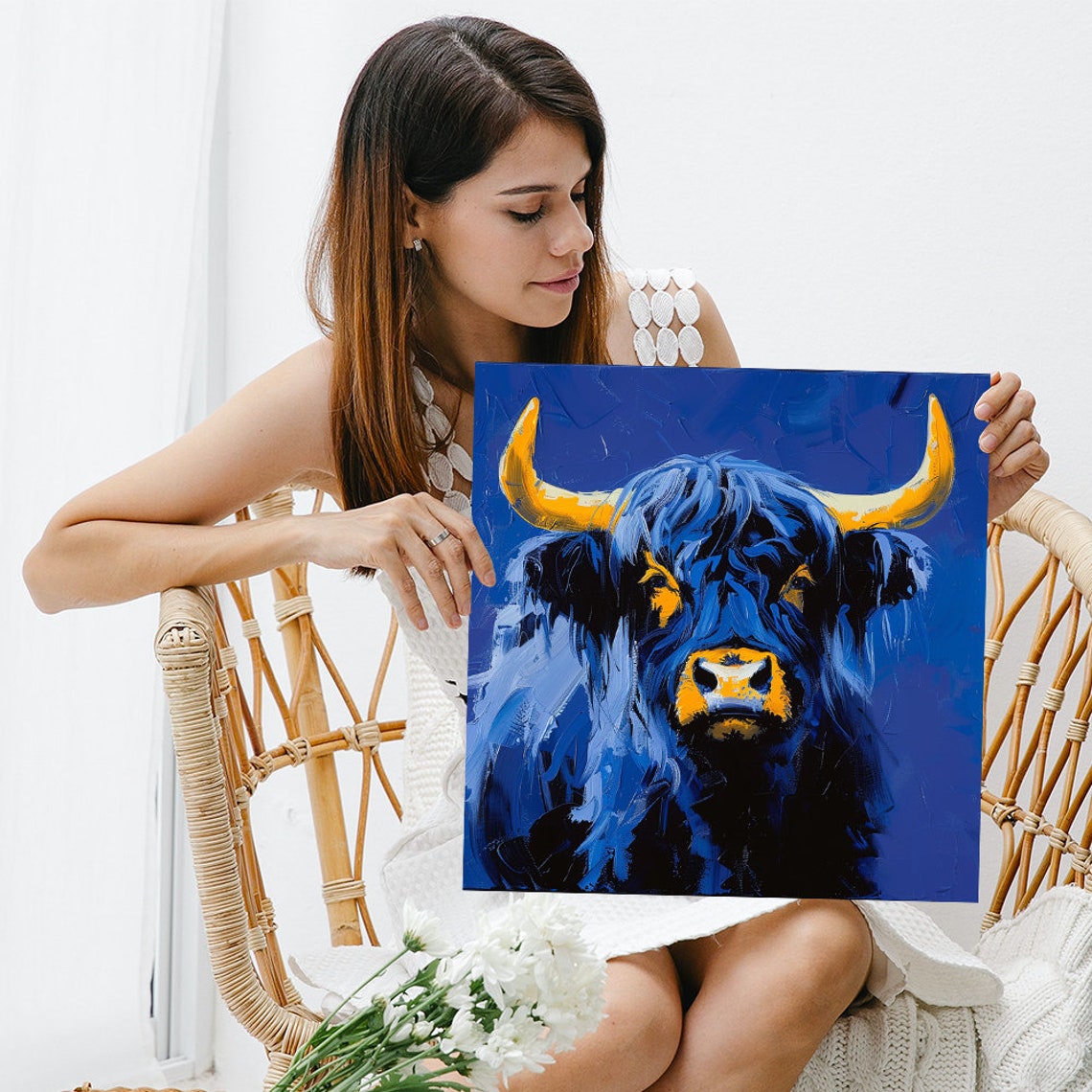 Highland Cow Royal Blue Gold Horns Impasto Farmhouse Wall Poster - Image 3