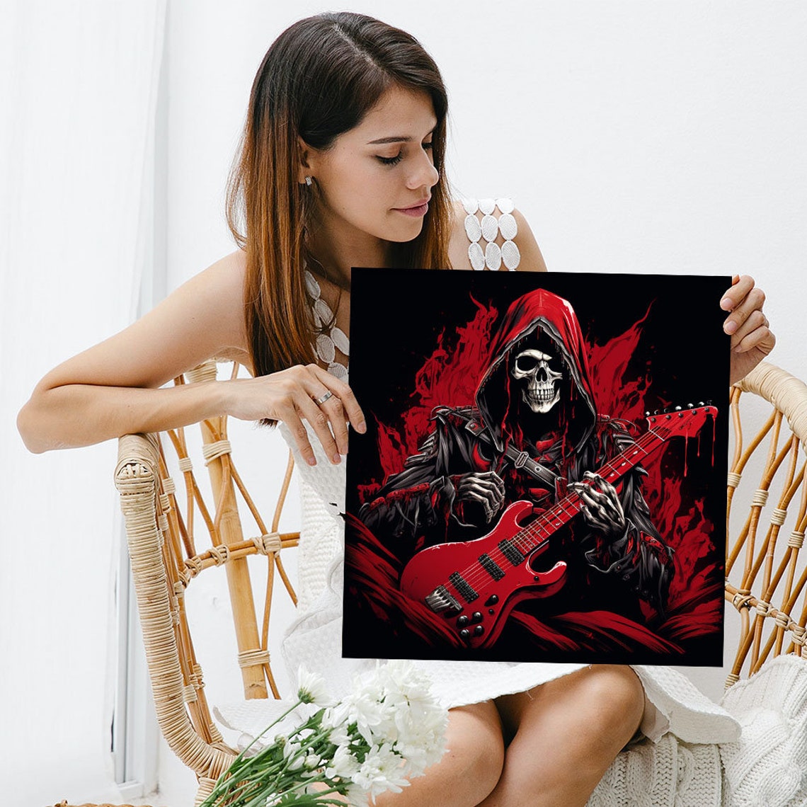 Grim Reaper Skeleton Red Guitar Gothic Dark Music Art Poster - Image 3