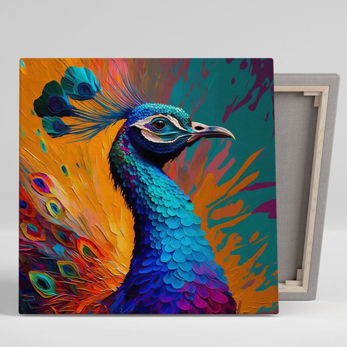 Rainbow Peacock Portrait Orange Teal Background Bold Bird Art Poster