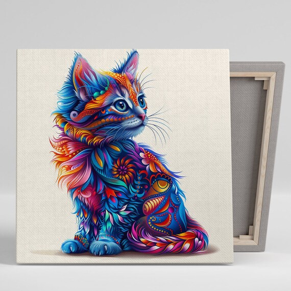 Psychedelic Rainbow Kitten Floral Fantasy Cat Portrait Wall Poster