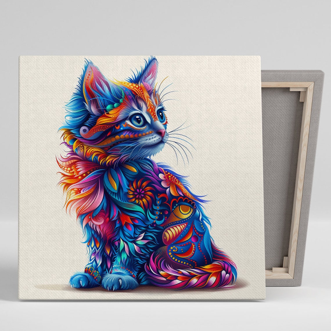 Psychedelic Rainbow Kitten Floral Fantasy Cat Portrait Wall Poster