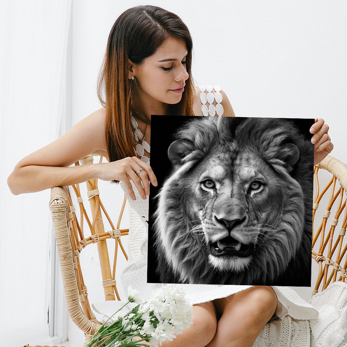 Majestic Lion Black White Monochrome Face Close Up Powerful Animal Art - Image 3