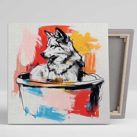 Husky Bath Time Ink Sketch Dog In Tub Colorful Brushstrokes Wall Poster